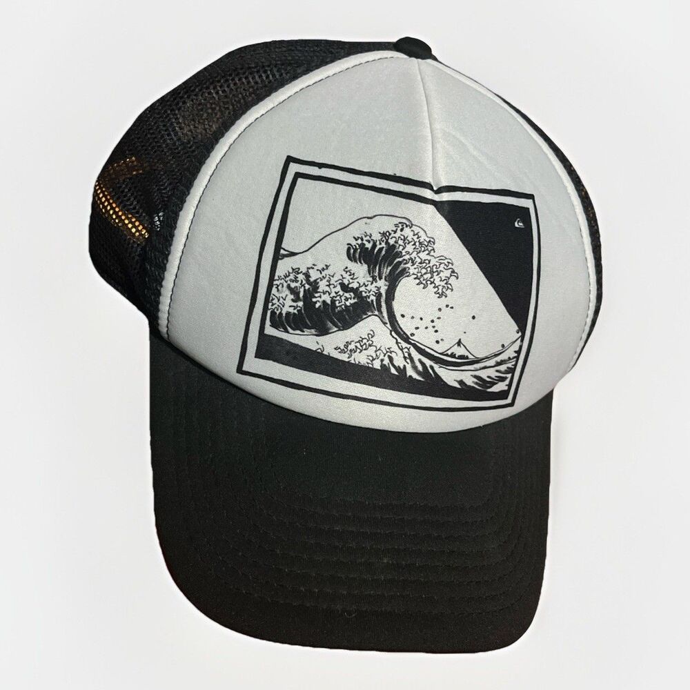 Quiksilver Mens Trucker Mesh Snapback Hat Cap Black "Great Wave Off Kanagawa"